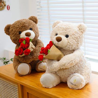 Laxrue“2026 New Christmas Teddy Bear with Bouquet, Bloom Bear Plush Toy with Red Rose, Romantic Stuffed Animal with a Cute Bouquet of Flowers for Girlfriend/Mom