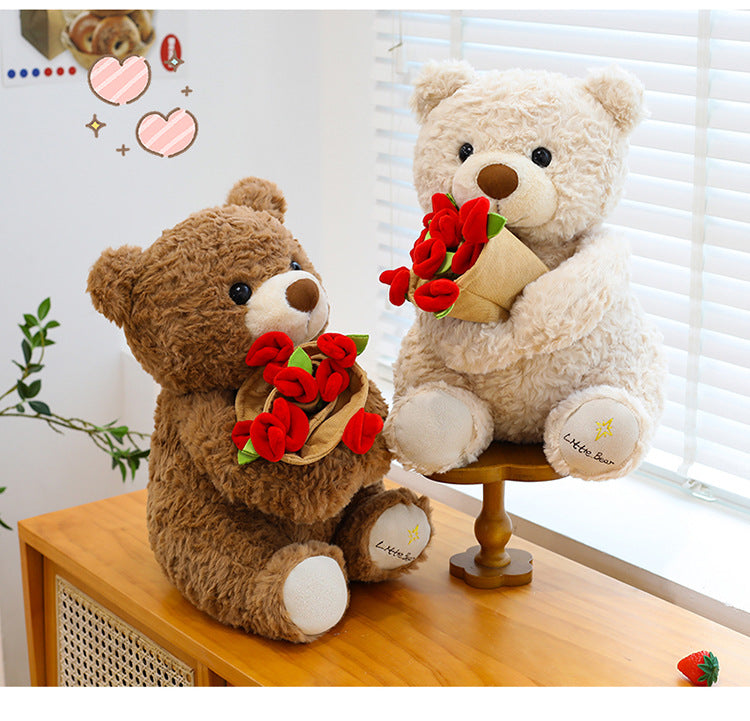 Laxrue“2026 New Christmas Teddy Bear with Bouquet, Bloom Bear Plush Toy with Red Rose, Romantic Stuffed Animal with a Cute Bouquet of Flowers for Girlfriend/Mom