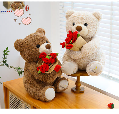 Laxrue“2026 New Christmas Teddy Bear with Bouquet, Bloom Bear Plush Toy with Red Rose, Romantic Stuffed Animal with a Cute Bouquet of Flowers for Girlfriend/Mom