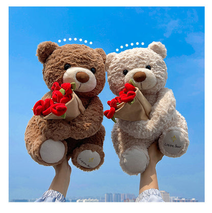 Laxrue“2026 New Christmas Teddy Bear with Bouquet, Bloom Bear Plush Toy with Red Rose, Romantic Stuffed Animal with a Cute Bouquet of Flowers for Girlfriend/Mom