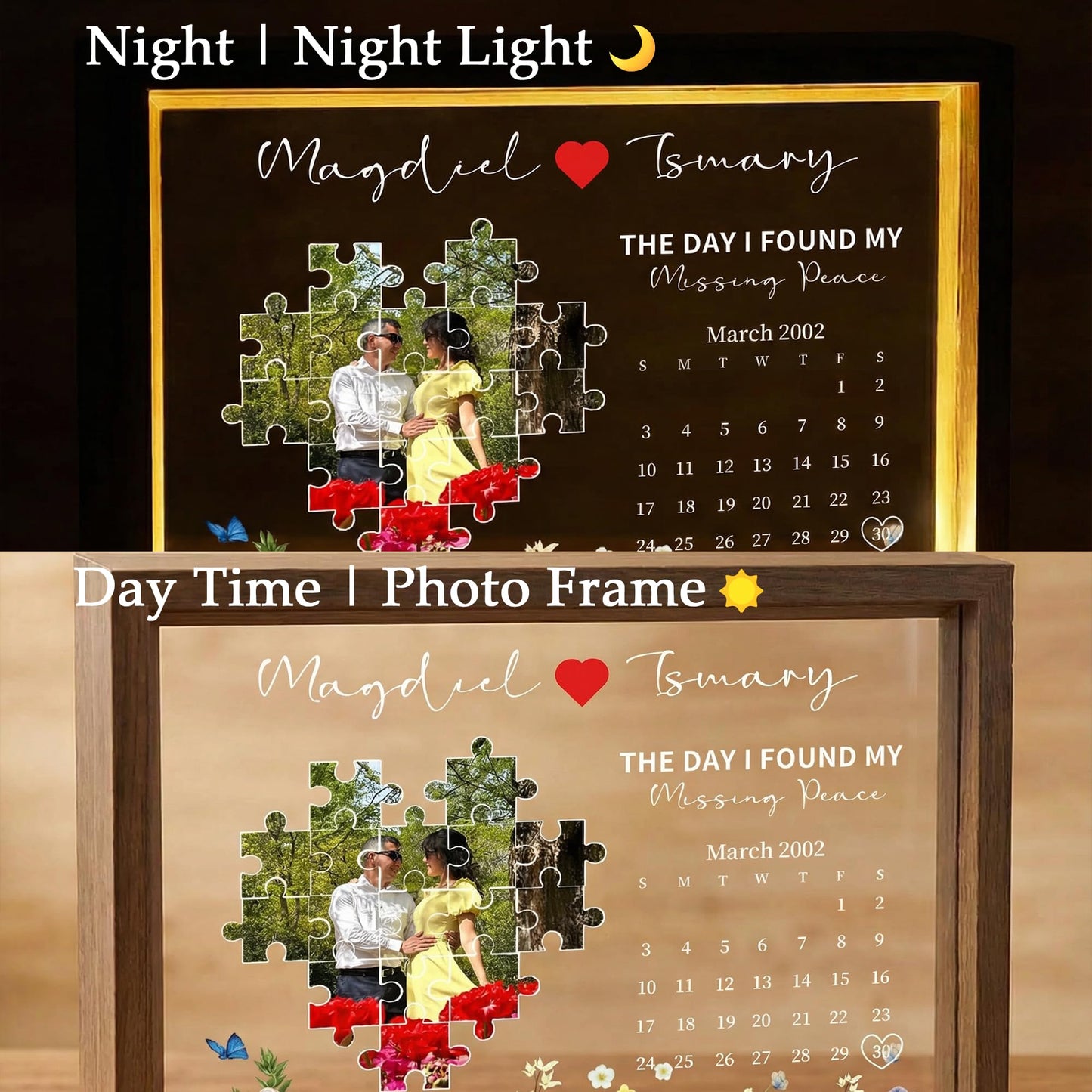 The day I found the missing piece of my life: Luminous photo frames, personalized couple photo frames, light boxes, perfect for couples, parents, friends, weddings, and Christmas.