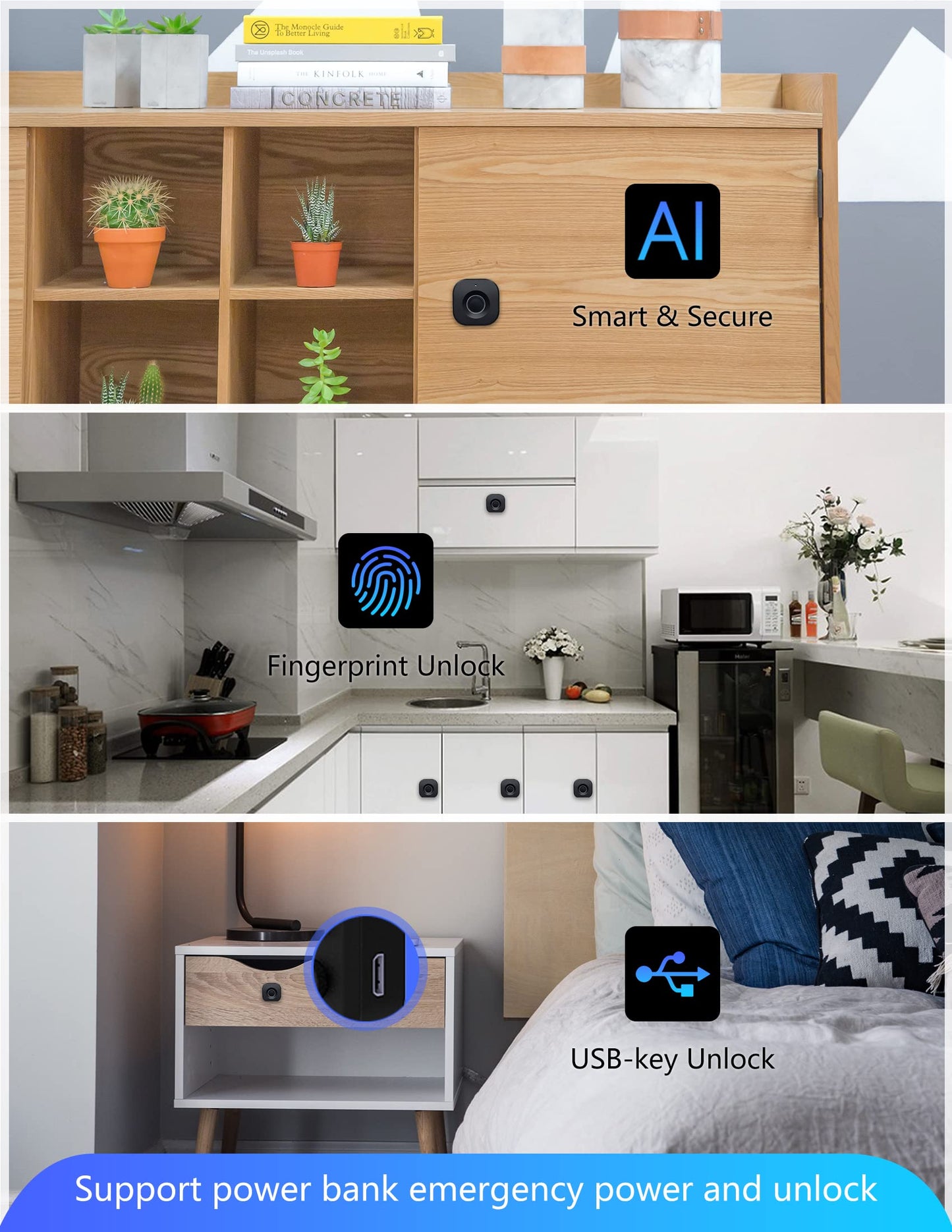 Laxrue“5pcsFingerprint cabinet lock, smart keyless hidden file drawer and wardrobe.