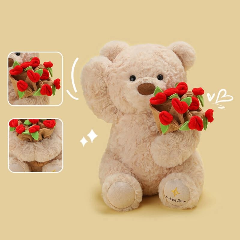 Laxrue“2026 New Christmas Teddy Bear with Bouquet, Bloom Bear Plush Toy with Red Rose, Romantic Stuffed Animal with a Cute Bouquet of Flowers for Girlfriend/Mom