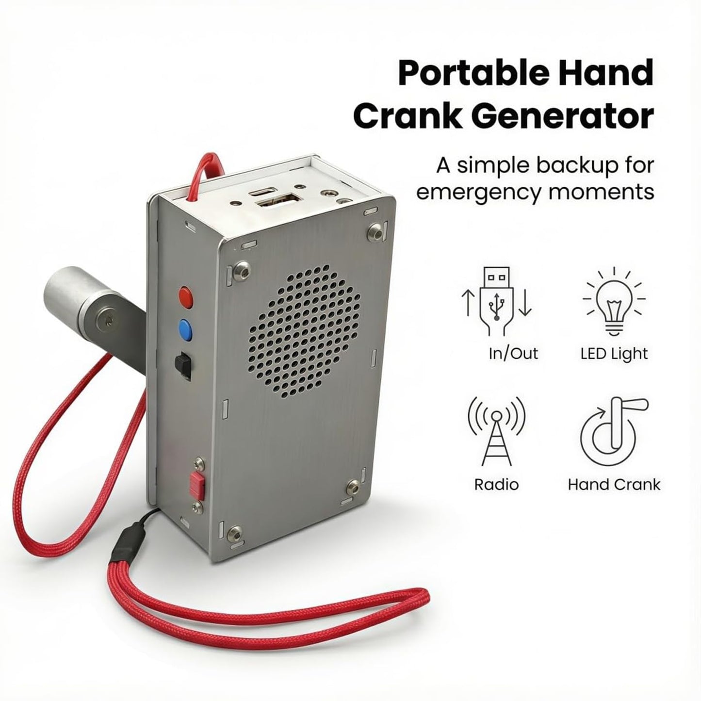 Hand-Crank Emergency Power Station –Flashlight, Lighter & Power Bank (1000mAh), Hand Crank Generator with Flashlight Fm Radio and Lighter, Portable Aluminum Alloy Survival Gear