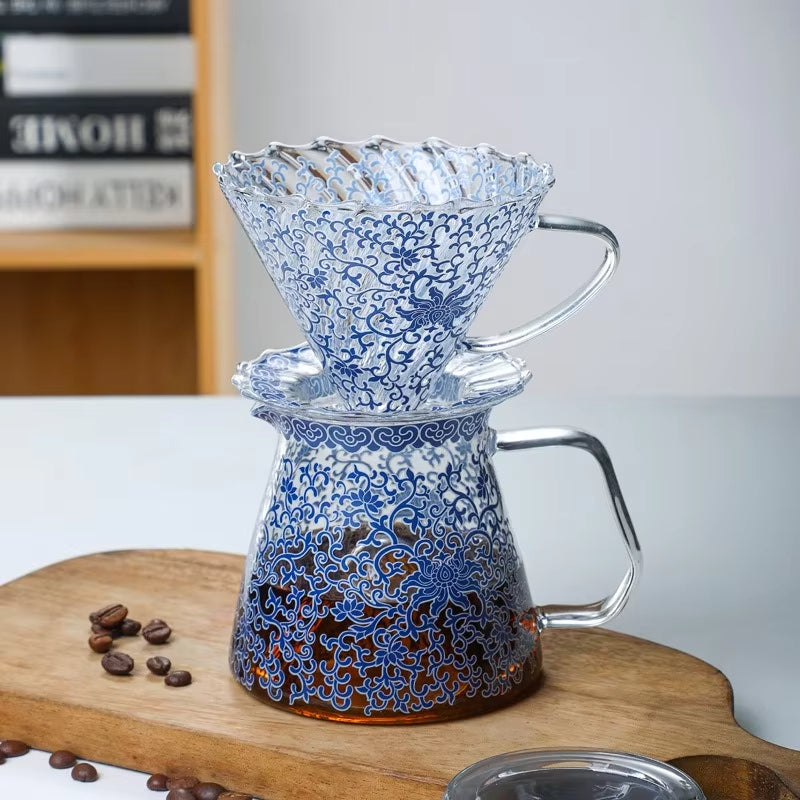 Coffee pot blue and white porcelain glass sharing pot coffee filter cup large capacity hand punch pot, filter pot, filter cup