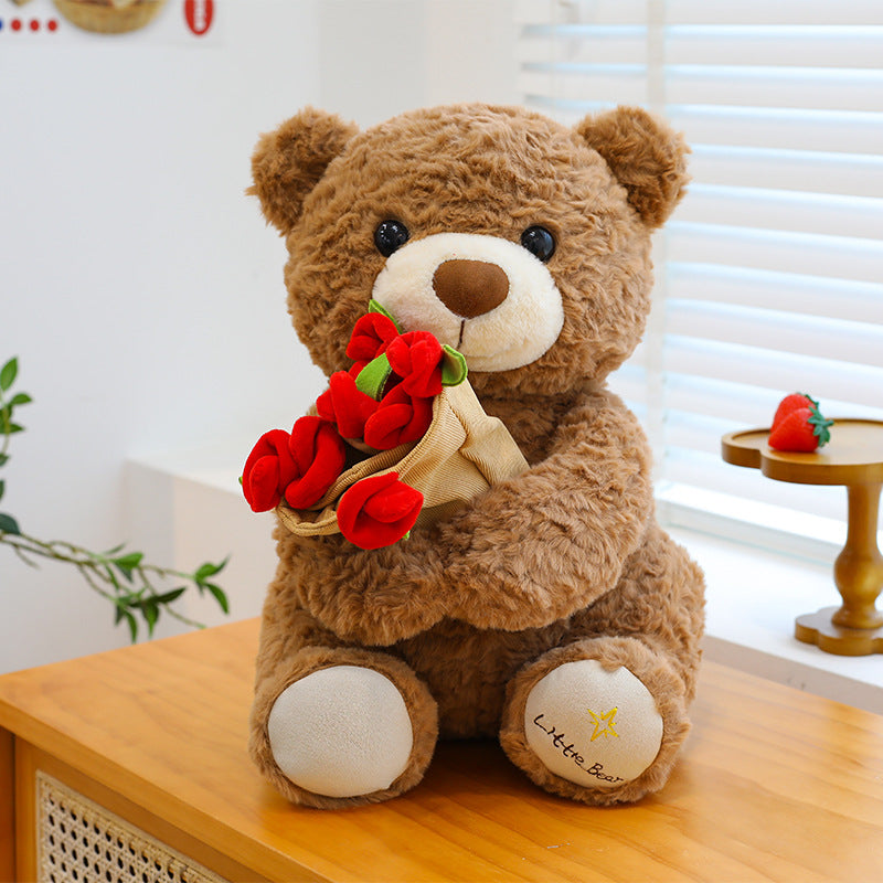 Laxrue“2026 New Christmas Teddy Bear with Bouquet, Bloom Bear Plush Toy with Red Rose, Romantic Stuffed Animal with a Cute Bouquet of Flowers for Girlfriend/Mom